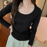 Solid Color Large Round Neck Boutique Cashmere Bottomed Shirt With Slim Body And Long-Sleeved T-Shirt-Outfit
