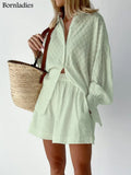 Summer White Elegant Jacquard Fabric Soft Vacation Suits Women Long Sleeves Shirts And Hot Pants Two Pieces