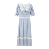 Summer Short Sleeve Lace Plaid Dress Woman French Elegant One Piece Dress Korean Casual Party Vintage Midi Dress Slim