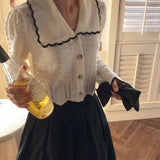 Women Single Breasted Students Chic Basic Long Sleeve Patchwork Design All-match Spring Femme Knitted Cropped
