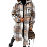 Checked Long Coat Women Fashion Plaid Printed Shirt Jackets Coat Casual Oversize Thick Woolen Blend Female Down