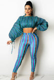 Colorful Striped Puff Sleeve Crop Top and Pants 2pc