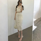 Korea Elegant Lapel Thin Tweed Small Suit Short Jacket + High Waist Chic Button Slim Womens Two Piece Skirt Sets