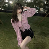 Summer Floral Elegant Blouse Women Outwear Korean Style Casual Chiffon Shirts Office Lady V-Neck Long Sleeve Y2k Crop