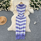Fan Temperament Body-In-County-Necked Sleeveless Striped Knitted Dress Women's Summer Tight-Dled Ass Tuxedo