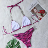Toloer New Bikini, Sexy Snake Print Crystal Diamond Female Split Swimsuit Beach