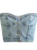 Women Sexy Tube Tops Sleeveless Buttons Up Bustiers Corsets Strapless Denim Off Shoulder Cropped Tank Mini Vest 2023-Outfit