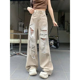 High Street Ripped Jeans Women's Summer New Thin High-Waisted Straight-Legged Loose Drag