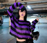 Gothic Punk Hole Stripe Tshirt Women Pastel Goth Fairy Grunge Harajuku Top Oversized Dark Aesthetic Emo alt