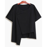 Women Black Big Size Casual Irregular Spliced Cross T-shirt V-Neck Short Sleeve Fashion Tide Spring Summer 2023