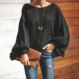 Loose Knitted Sweater Casual Oversized Soft Lantern Sleeve Hollow Out Pullover Fashion O-Neck Solid Female Sweaters