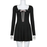 Women Sweet Lace Trim Bow Pleated Dress Mini Coquette Korean Fashion Square Neck Autumn Dress Clothes Kawaii Lolita-Outfit