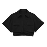 Women Safari Style Pockets Patch Knotted Linen Short Smock Blouse Lady Chic Kimono Cropped Shirt Blusas Tops-Outfit