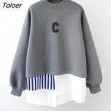 Pullovers Women Thin Long Sleeve Tshirt Fake Two Piece Pullover Casual All-match Harajuku Loose Mid-length Stitching