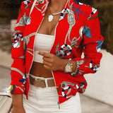 Women Jackets Short Coats Vintage Print Long Sleeve Zipper Slim Thin Jacket 2021 Fashion Casual Outerwear Female