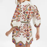 Spring Women's Fashion V-Neck Lantern Sleeve Temperament Printed Waist Skinny