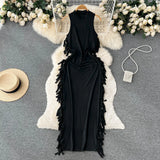 Tassel Design Sleeveless Tank Top Dress Fashion O Neck Slim Elastic Waist Female Elegant OL Bodycon Midi Long