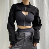 Work Style Zipper Short-Sized Hoodie Shirt Hottie Tie Collar Zipper Long-Sleeved Casual