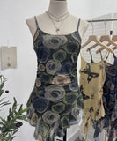 À±bab Net Yarn Print Small Sling Vest Tidly Tidly Ribbon Ribbon Leaves Edge Sleeveless Top