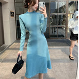 Elegant Knitted Sweater Pleated Dress Female Autumn Winter Dress Long Sleeve Office Lady Casual Slim Midi Dress 2022