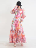 Printing Casual Long Dresses For Women V Neck Lantern Sleeve High Waist Patchwork Edible Tree Fungus Maxi Dress