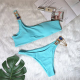 Toloer New Swimsuit Luxury Crystal Diamond Chain Female Split Swimsuit Plain Color One Shoulder Sexy