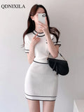 Summer Women's Suit with Skirt Dress Set Elegant Sweet Solid O-Neck Short Sleeve Knitted Shirt Sweater Skirt 2 Piece