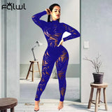 Fall Streetwear Print O Neck Jumpsuit Rompers Womens Long Sleeve Jumpsuits Black Mesh One Piece Outfits Bodycon