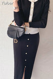 Women Autumn Pink/Black Colorblock O-Neck Single Pearl Breasted Knit Cardigan +Elastic Split Long Skirt Set Elegant 2 Piece