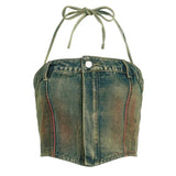 Women's Denim Tank Tops Tie-dye Retro Strapless Lace-up Slim Zipper Off Waist Short Camis 2024 Summernew Fashion 29L3415-Outfit