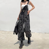 Rockmore Gothic Black Overalls Womens Cargo Pants Sling Bow Belt Dungarees Wide Leg Pants Casual Trousers