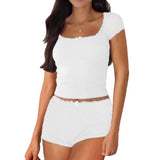 Women's Y2K Two Pieces Pajama Sets Lace Trim Bow Short Sleeve Square Neck T-shirt with Shorts Sleepwear Loungewear-Outfit
