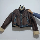Toloer 2023 New Fashion Suede Teddy Brown Woman Jacket Vintage Patchwork PU With Zipper Winter Coat Women Female Outwear Tops 102-0-Outfit