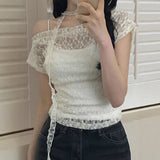 Pure Babes Perspective Lace Lace Shoulder Strap Around The Neck Solid Color Short-Sleeved T-Shirt