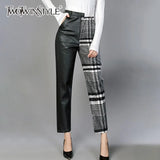 PU Trousers For Women High Waist Hit Colors Asymmetrical Patchwork Ankle Length Wool Pants Female 2022 Spring