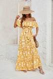 Hot Selling A Word-Collar Print Lotus Leaf Side Temperament Dress Dress