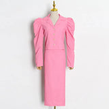 TWOTWINSTYLE Solid Color Two Piece Set For Women V Neck Puff Sleeves Shirts Top High Waist Straight Skirts Female Suits 2022