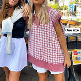 Houndstooth knitted sweater vest women V neck sleeveless oversized pullover vintage Fall winter female waistcoat