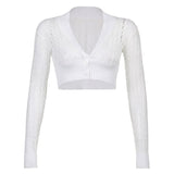 V Neck Cute Cropped Knitted Sweater Autumn Casual White Cardigan Women Kawaii Long Sleeve Jumpers Ladies Knitwear