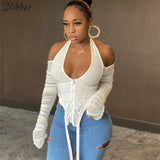 Sexy Halter Irregular Croped Stacked Crop Top Women Casual Patchwork Mesh Street Tshirt Fall Backless Zipper Club