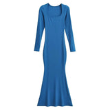 Sexy Square Collar Knitted Cotton Maxi Long Mermaid Dress Women Full Sleeve Stretch Basic Bodycon Fishtail Robe Vestido-Outfit