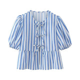 New Bubble Cuff Lace-Up Solid Color Short Blouse 1213835-Outfit
