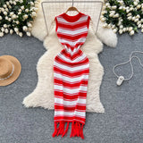 Fan Temperament Body-In-County-Necked Sleeveless Striped Knitted Dress Women's Summer Tight-Dled Ass Tuxedo