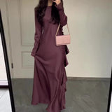 Solid Color Round Collar Lotus Leaf Long Temperament Dress In Autumn