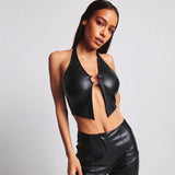 Toloer Summer New Women's Fashion Hanging Neck Sexy Hollow Out Back Slim Crop PU Small Vest Woman-Outfit