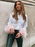 Feather Cuffs Women Stitching Furry White Shirt Elegant 2022 Patchwork Chic Blouse Vintage Loose Ladies Lapel