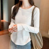 New Autumn And Winter T-Shirt With A Round Collar And Long Sleeves. A Short Ins Blouse With A Curved Hem.-Outfit