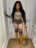 Summer Sexy 2 Two Piece Set Outfits Women Long Sleeve Bodycon Crop Top Skinny Shorts Print Mesh Brown Matching Sets