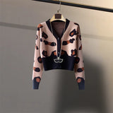 2021 New Leopard Pattern Cardigans Women Vintage V Neck Long Sleeve OL Knitted Cardigan Autumn Korean