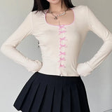 Desire Young Girl Feeling Bow Tie U-Shaped Slim Long-Sleeved T-Shirt 2024 Spring / Summer New Fashion Blouse-Outfit